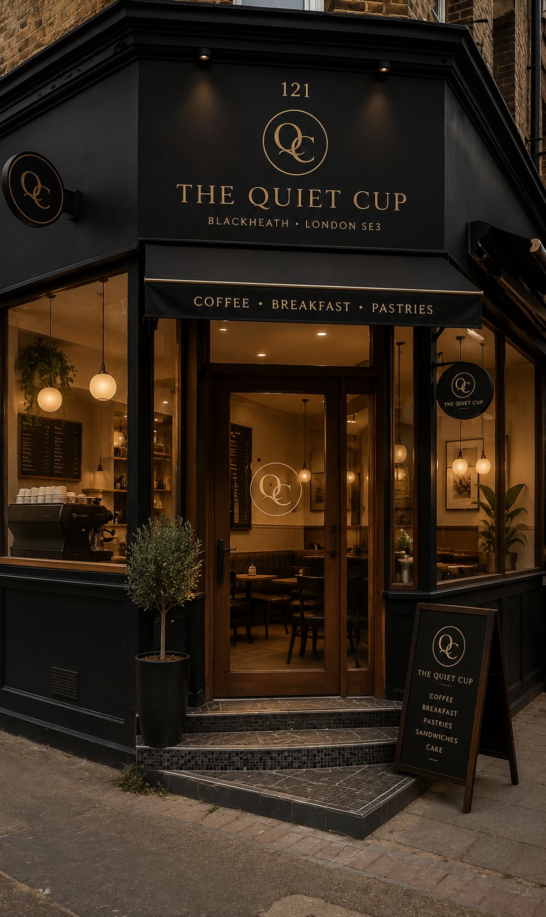 The Quiet Cup shopfront at 121 Lee Road — black frontage with gold QC monogram