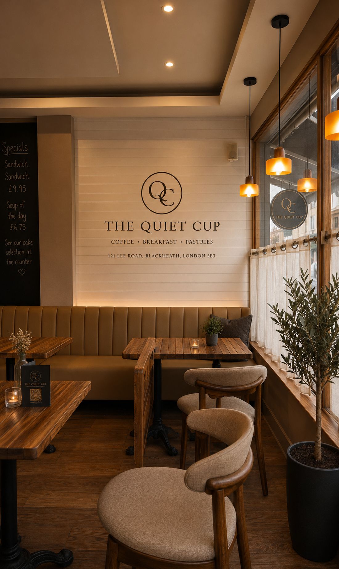Inside The Quiet Cup — banquette seating, oak tables and the wall crest